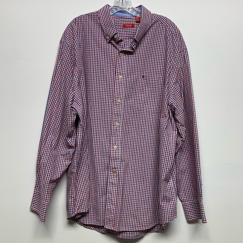IZOD Men's Shirt Size XXL Blue Red White Plaid Button Front Long Sleeve Shirt